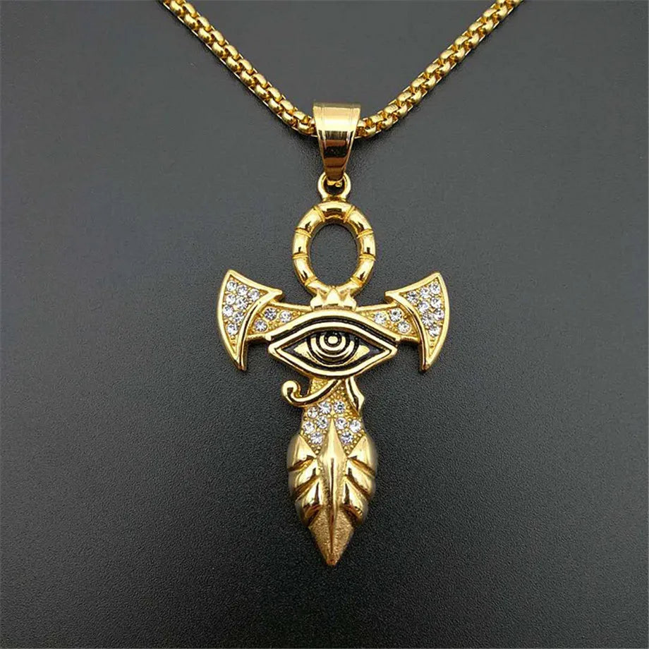 Collier avec pendentif en croix égyptien pour femmes et hommes, couleur or, en acier inoxydable, œil d'horus, glacé, Bling, bijoux égyptien