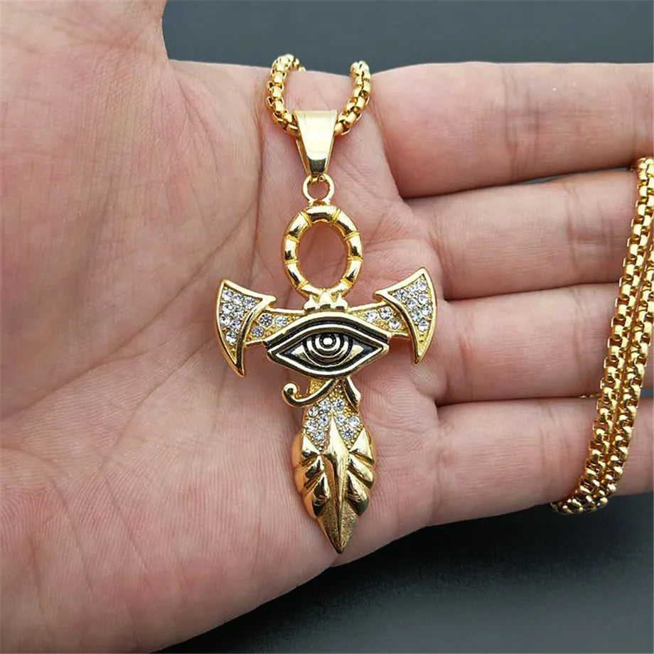 Collier avec pendentif en croix égyptien pour femmes et hommes, couleur or, en acier inoxydable, œil d'horus, glacé, Bling, bijoux égyptien