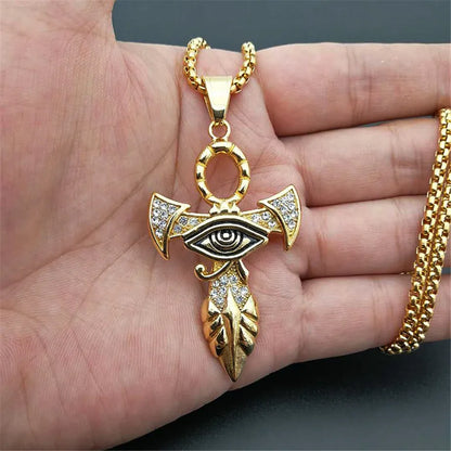 Collier avec pendentif en croix égyptien pour femmes et hommes, couleur or, en acier inoxydable, œil d'horus, glacé, Bling, bijoux égyptien