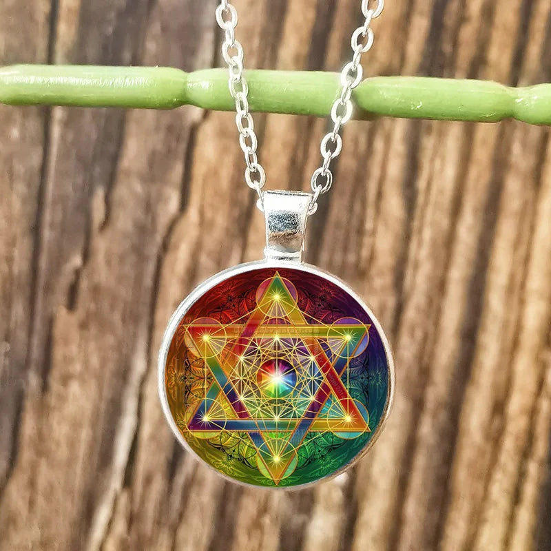 Collier Cube Metatron géométrique pour hommes et femmes, Sri Yantra, fleur de vie, pendentif rond en verre, chaîne, bijoux hexagramme