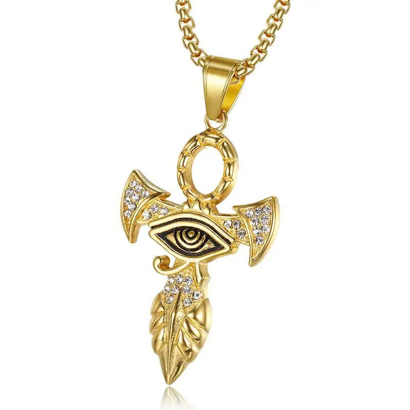 Collier avec pendentif en croix égyptien pour femmes et hommes, couleur or, en acier inoxydable, œil d'horus, glacé, Bling, bijoux égyptien