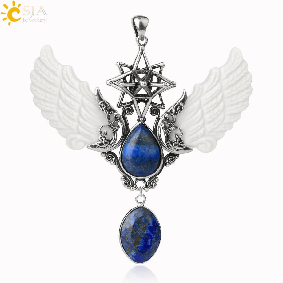 pendentif pierre naturelle pierre naturelle et cristaux , amethyste pierre naturelle Merkaba Collier avec pendentif en pierre naturelle, Collier forme de goutte d'eau, style Vintage, bijoux ailes d'ange, Lapis Lazuli