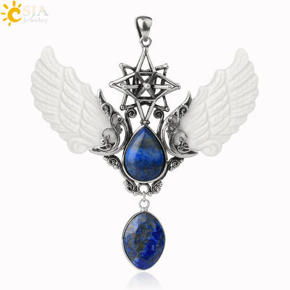 pendentif pierre naturelle pierre naturelle et cristaux , amethyste pierre naturelle Merkaba Collier avec pendentif en pierre naturelle, Collier forme de goutte d'eau, style Vintage, bijoux ailes d'ange, Lapis Lazuli