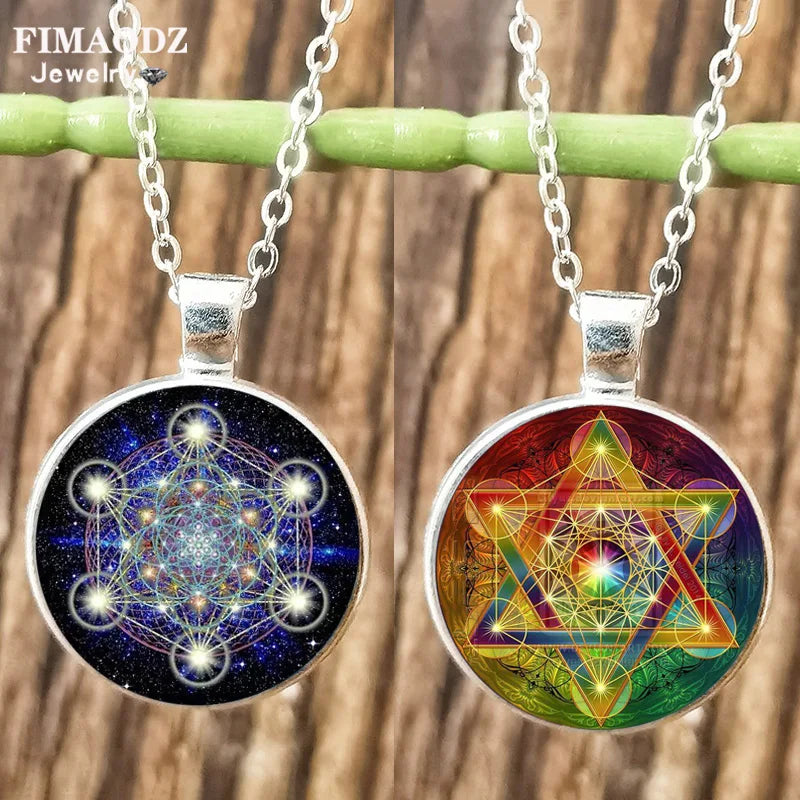 Collier Cube Metatron géométrique pour hommes et femmes, Sri Yantra, fleur de vie, pendentif rond en verre, chaîne, bijoux hexagramme