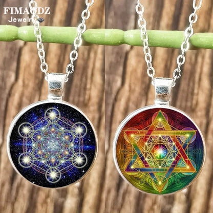 Collier Cube Metatron géométrique pour hommes et femmes, Sri Yantra, fleur de vie, pendentif rond en verre, chaîne, bijoux hexagramme