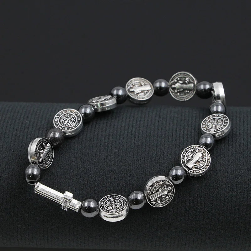 VILLWICE Bracelet chapelet catholique médaille de saint benoît croix Bracelets de prière perles d'hématite Religion bijoux accessoires
