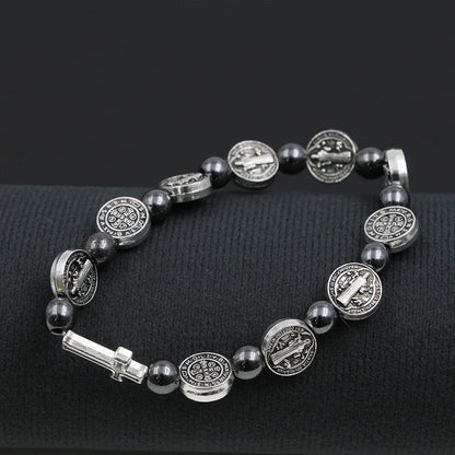 VILLWICE Bracelet chapelet catholique médaille de saint benoît croix Bracelets de prière perles d'hématite Religion bijoux accessoires