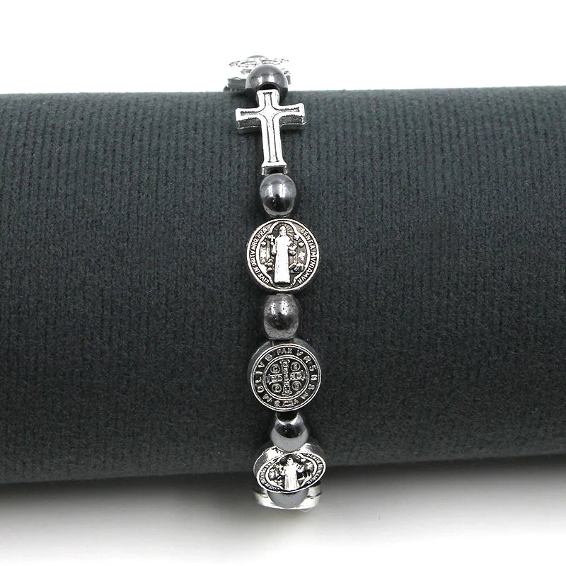 VILLWICE Bracelet chapelet catholique médaille de saint benoît croix Bracelets de prière perles d'hématite Religion bijoux accessoires