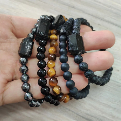 Tourmaline brute noire naturelle tourmli énergie minérale pierre de guérison oeil de tigre onyx hématite bracelets de perles pour homme femme