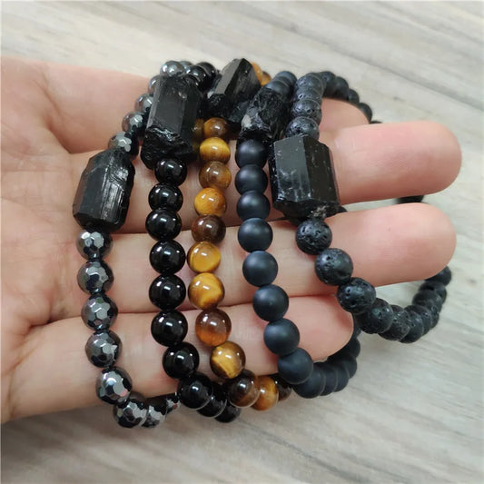 Tourmaline brute noire naturelle tourmli énergie minérale pierre de guérison oeil de tigre onyx hématite bracelets de perles pour homme femme