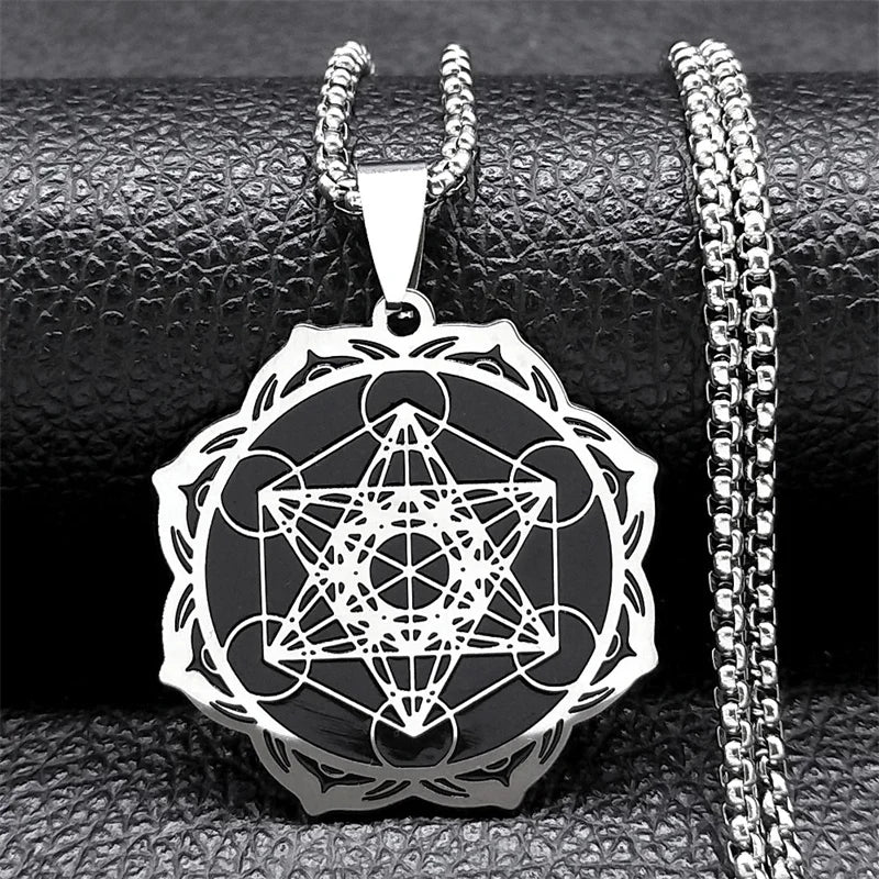 Géométrie sacrée Metatron Cube ange sceau archange collier pour femmes hommes acier inoxydable fleur de vie Lotus bijoux N7961S02