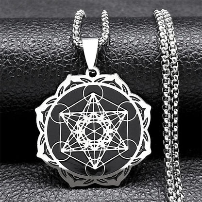 Géométrie sacrée Metatron Cube ange sceau archange collier pour femmes hommes acier inoxydable fleur de vie Lotus bijoux N7961S02