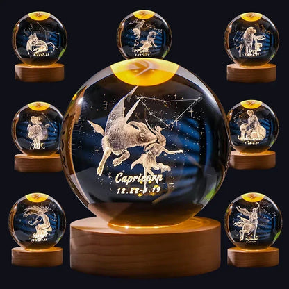 Décoration artisanale en verre 3D, 12 Constellations, boule de cristal gravée au Laser, système solaire d'anniversaire, cadeau, Base en bois, décor de bureau pour la maison