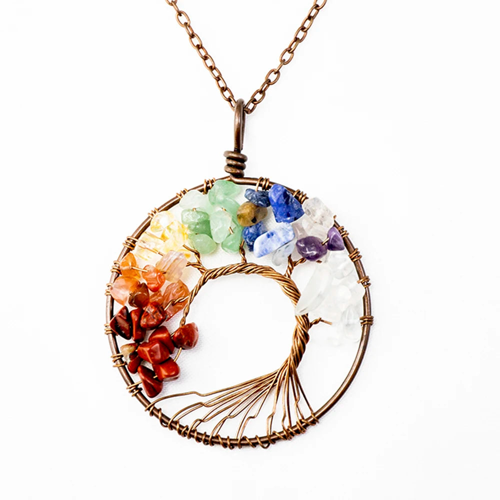 Collier pendentif arbre de vie en pierre de cristal naturel, 7 chakras, Quartz, améthyste, bijoux de mariage pour femmes