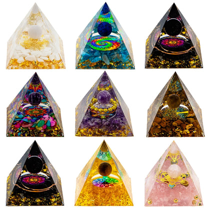 Pyramide de générateur d'énergie en cristal naturel, péridot, améthyste, Reiki, Chakra de guérison, pyramide en résine, décor égyptien, décoration de salle, 1 pièce
