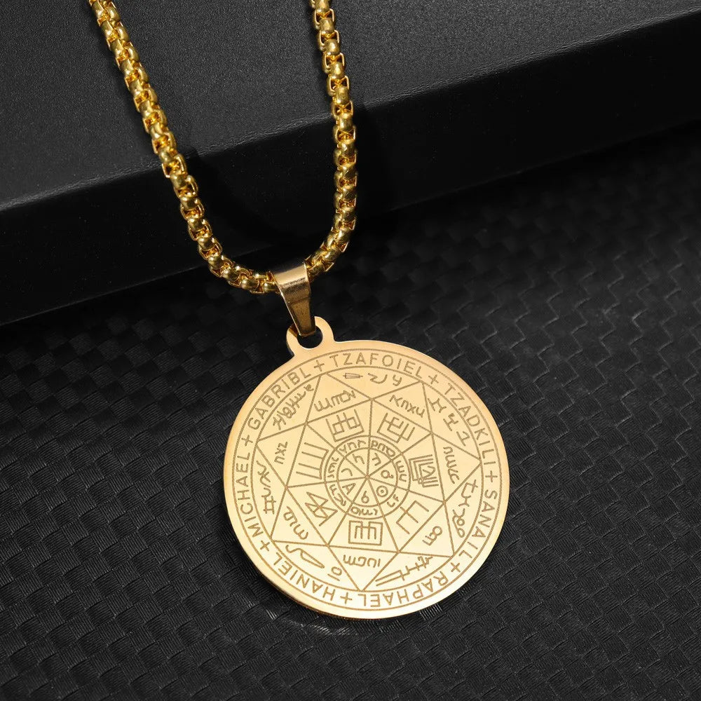 Collier en acier inoxydable pour hommes, amulette spirituelle, sceau des 7 archanges, Michael, bijoux de déclaration