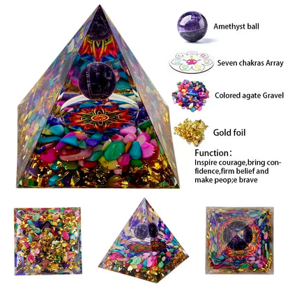 Pyramide de générateur d'énergie en cristal naturel, péridot, améthyste, Reiki, Chakra de guérison, pyramide en résine, décor égyptien, décoration de salle, 1 pièce