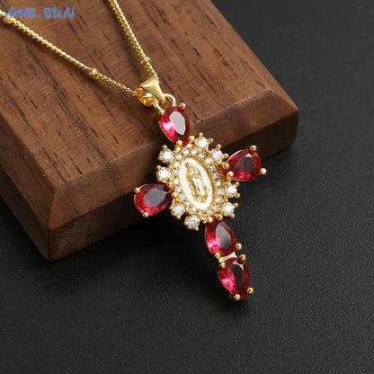 MHS.SUN luxe vierge Guadalupe Mary croix pendentif collier pour femmes hommes exquis Zircon catholique religieux amulette bijoux