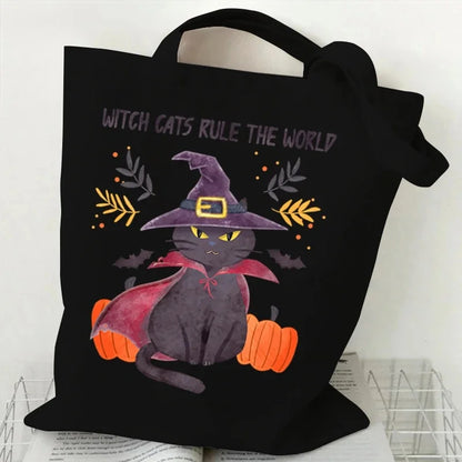 Sac fourre-tout écologique pour chat sorcière d'halloween, sac de shopping gothique chat noir, cadeau de saison effrayant, sac à main imprimé Animal drôle pour femmes