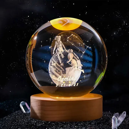 Décoration artisanale en verre 3D, 12 Constellations, boule de cristal gravée au Laser, système solaire d'anniversaire, cadeau, Base en bois, décor de bureau pour la maison