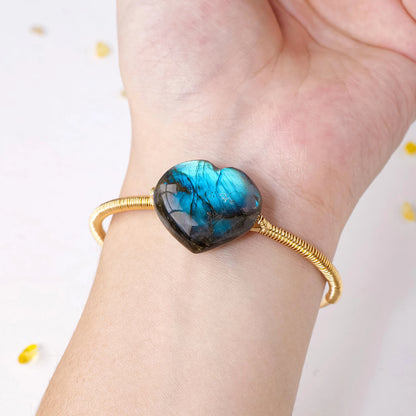 Pierre précieuse en cristal naturel, Labradorite Aura, cœur d'amour, doré, argenté, réglable, pierre énergétique, artisanat, décoration, cadeau, 1 pièce