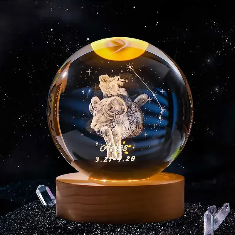 Décoration artisanale en verre 3D, 12 Constellations, boule de cristal gravée au Laser, système solaire d'anniversaire, cadeau, Base en bois, décor de bureau pour la maison