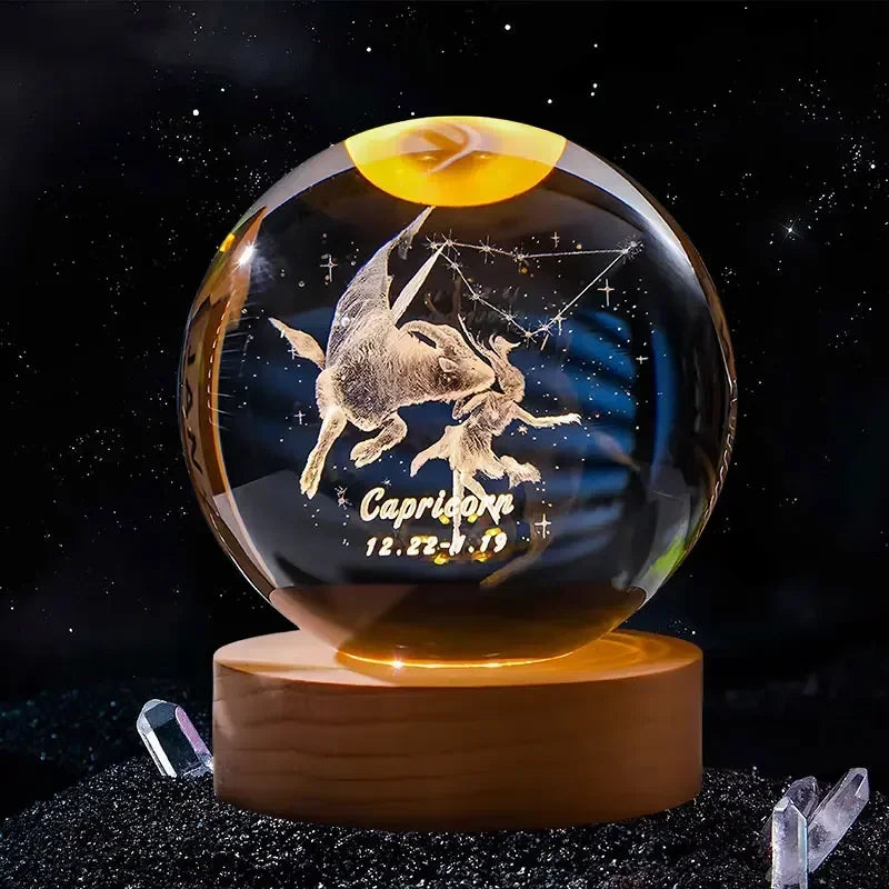 Décoration artisanale en verre 3D, 12 Constellations, boule de cristal gravée au Laser, système solaire d'anniversaire, cadeau, Base en bois, décor de bureau pour la maison