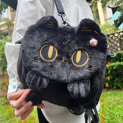 Sac à dos en peluche petit chat noir pour femmes, mignon dessin animé, sac à bandoulière multifonctionnel pour étudiantes, nouvelle collection 2024
