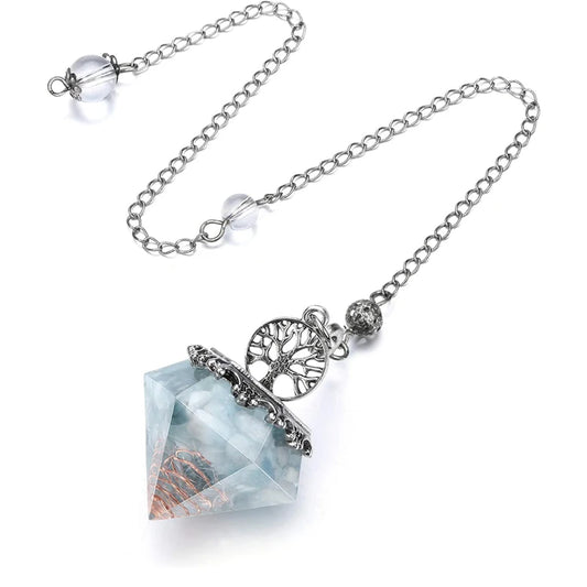 Pendule spirituel en cristal d'aigue-marine Orgone Reiki pendentif en pierre naturelle arbre de vie,décorateur de grattage, pendule radiesthésie  divinatoires vde haute précision eritable support magnétiques X029