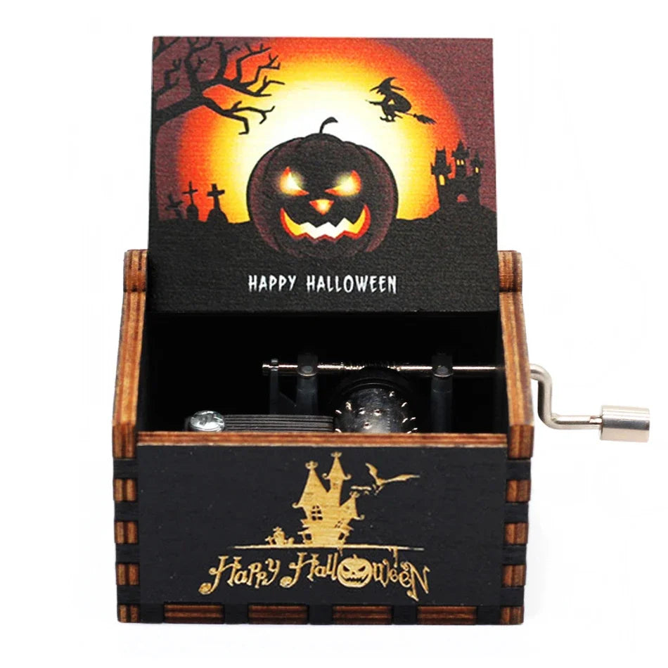 Boîte à musique en bois sculpté antique, manivelle, joyeux Halloween, vous êtes ma Dominique, décor d'Halloween, Noël, cadeau d'anniversaire
