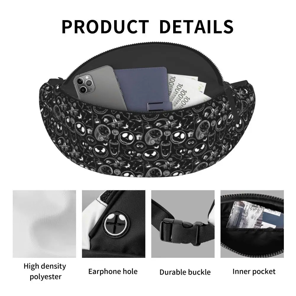 Sac Banane Personnalisé L'Étrange Noël de Monsieur Jack, Sacoche à Bandoulière pour Voyage, Randonnée, Téléphone, Poudres d'Argent