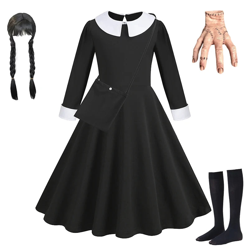Robe de Soirée Noire pour Fille, Tenue Éducative pour Halloween, Addams, Cosplay, Gothique, Carnaval, Enfant