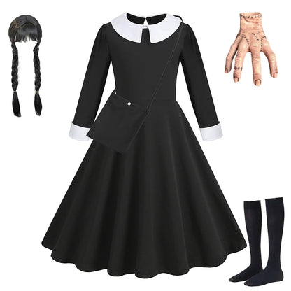Robe de Soirée Noire pour Fille, Tenue Éducative pour Halloween, Addams, Cosplay, Gothique, Carnaval, Enfant