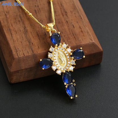 MHS.SUN luxe vierge Guadalupe Mary croix pendentif collier pour femmes hommes exquis Zircon catholique religieux amulette bijoux