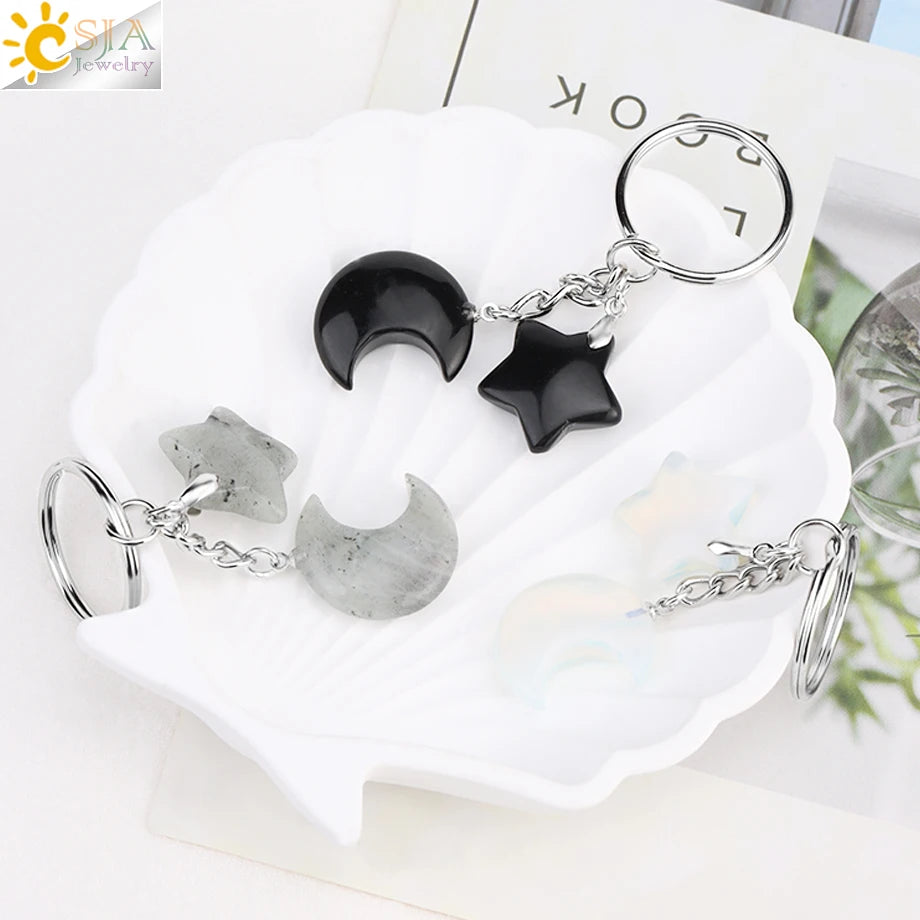 Porte-clés en pierre naturelle Healing, breloque étoile ChimMoon, pendentif en perle, porte-documents en argent, porte-clés, porte-clés de voiture, décoration de sac, porte clés pierres de protection lune