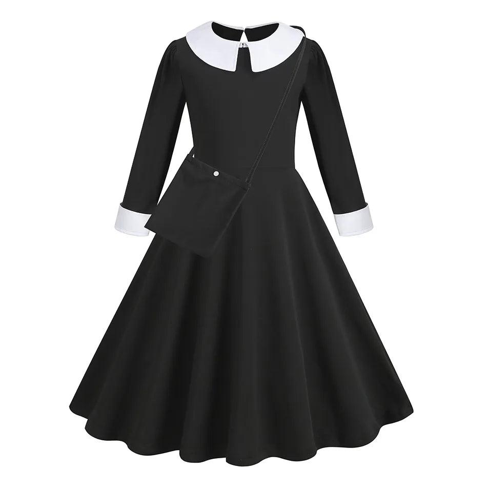 Robe de Soirée Noire pour Fille, Tenue Éducative pour Halloween, Addams, Cosplay, Gothique, Carnaval, Enfant