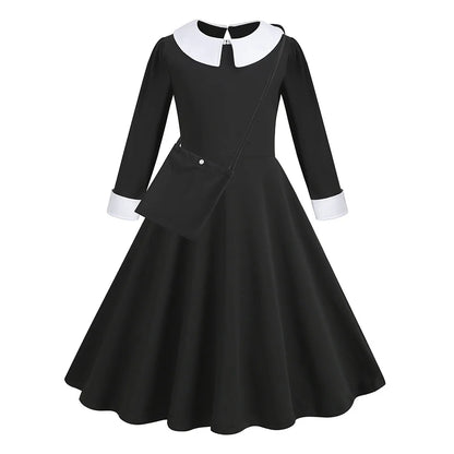 Robe de Soirée Noire pour Fille, Tenue Éducative pour Halloween, Addams, Cosplay, Gothique, Carnaval, Enfant