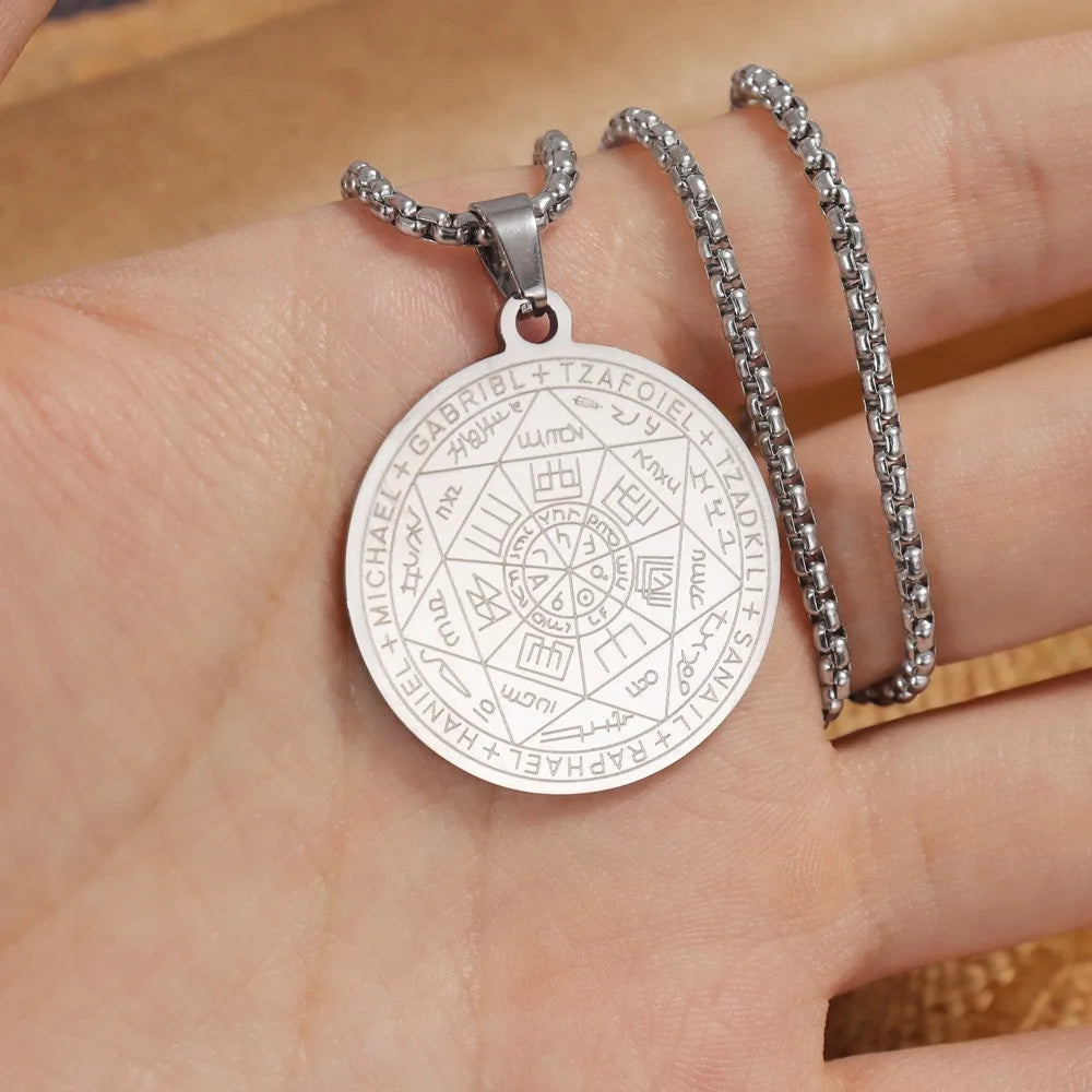 Collier en acier inoxydable pour hommes, amulette spirituelle, sceau des 7 archanges, Michael, bijoux de déclaration