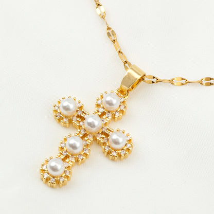 Pendentif croix en zircon incrusté de 1 coquille de perle pour femmes, style sexy, collier en acier inoxydable plaqué or 18 carats