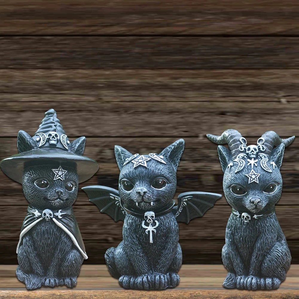 Figurine décorative d'halloween, Sculpture de chat sorcière de jardin, Statue de chaton gothique, chat magique noir, hibou, ornement de magicien, Miniature mignonne
