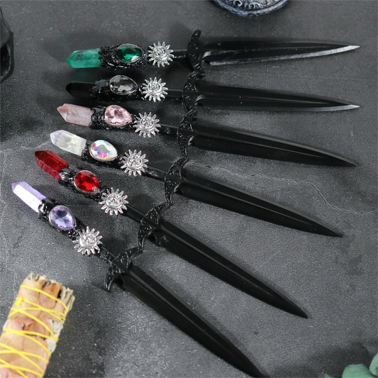 Épée en métal 88-96g, accessoires pour cheveux d'autel de sorcière en cristal, bâton de magicien, énergie païenne, Cosplay elfe gothique, baguette magique foncée, cadeaux de sorcière