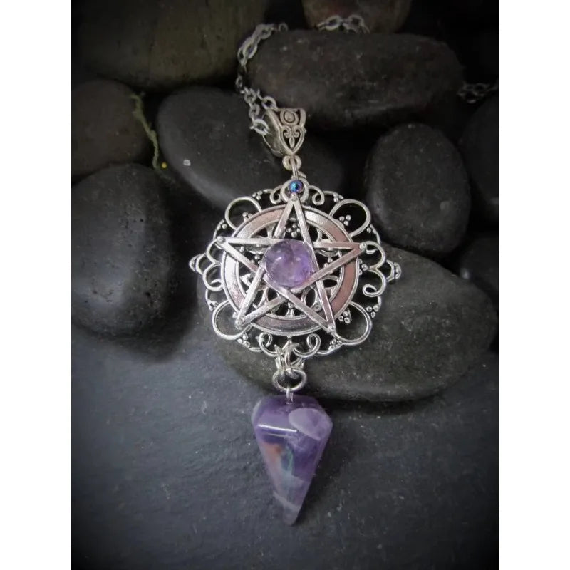 Collier de sorcière blanc, violet ou vert, collier païen, collier de sorcière, collier Wicca, bijoux Pentacle, païen, Wicca, pentagramme