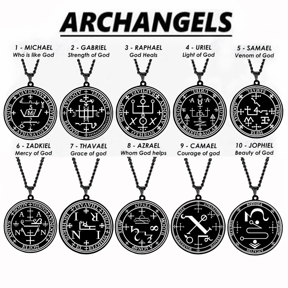 Arcange MICHAEL GABRIEL RAPHAEL URIEL SAMAEL sceau amulette Talisman Sigil d'angélique en acier inoxydable noir pendentif collier