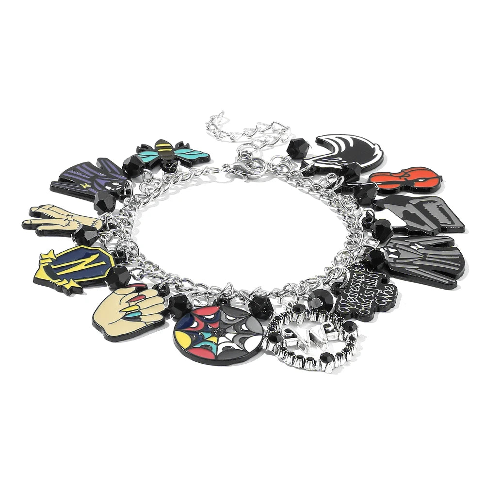Bracelet de film d'horreur Addams pour femmes et hommes, bracelet de bricolage, uniforme scolaire gothique, breloques d'emblème, accessoires de bijoux, cadeau de mercredi