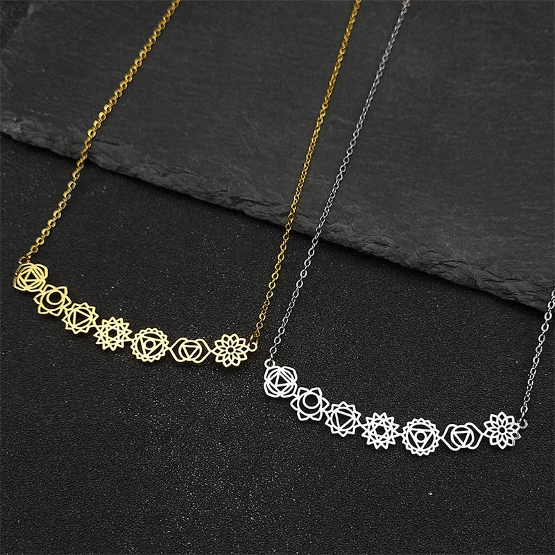 Collier pendentif Yoga 7 Chakra fleur de naissance pour femmes et filles, en acier inoxydable, couleur or, amulette Reiki, bijoux, cadeau de fête des mères