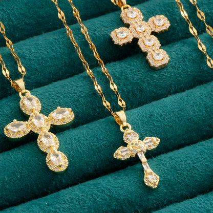 Pendentif croix en zircon incrusté de 1 coquille de perle pour femmes, style sexy, collier en acier inoxydable plaqué or 18 carats