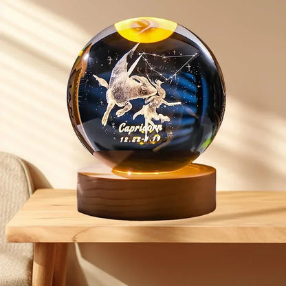 Décoration artisanale en verre 3D, 12 Constellations, boule de cristal gravée au Laser, système solaire d'anniversaire, cadeau, Base en bois, décor de bureau pour la maison