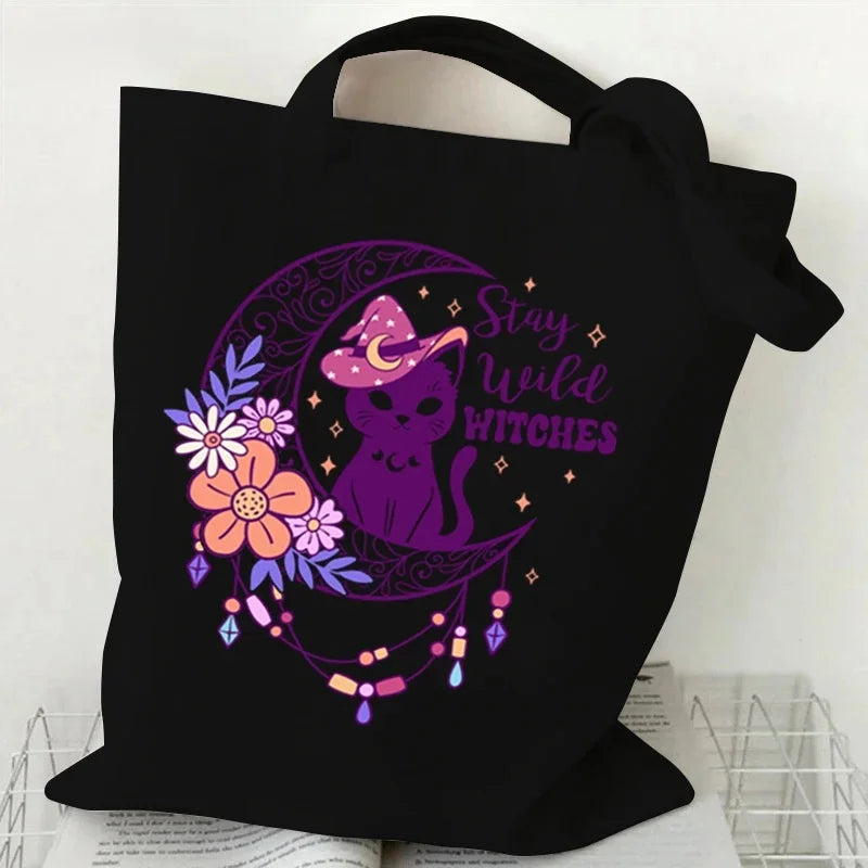 Sac fourre-tout écologique pour chat sorcière d'halloween, sac de shopping gothique chat noir, cadeau de saison effrayant, sac à main imprimé Animal drôle pour femmes