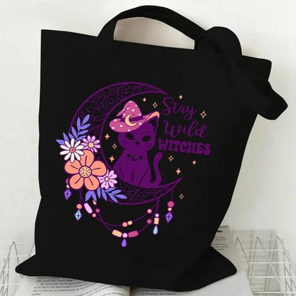 Sac fourre-tout écologique pour chat sorcière d'halloween, sac de shopping gothique chat noir, cadeau de saison effrayant, sac à main imprimé Animal drôle pour femmes