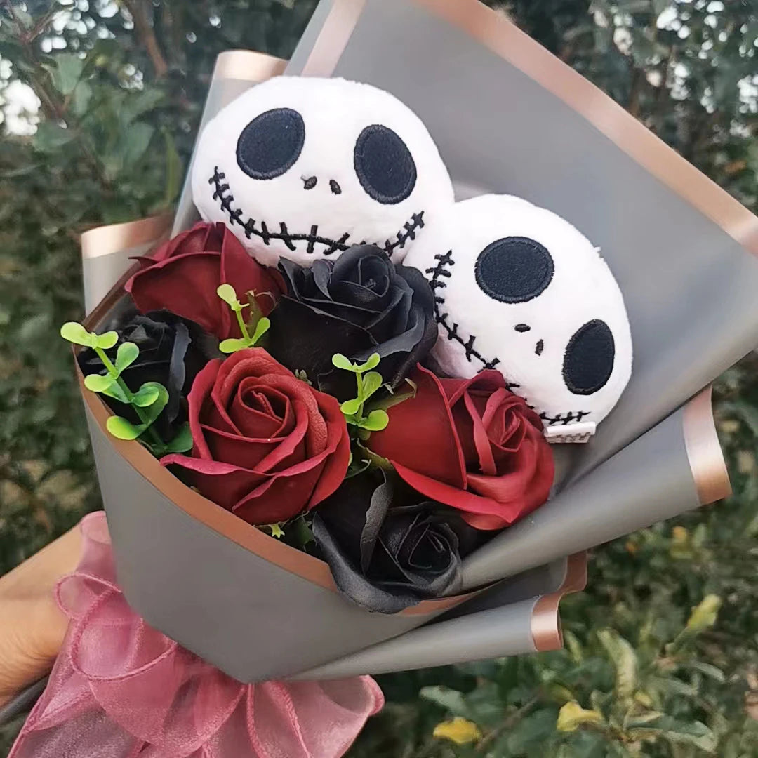 Bouquet en peluche Jack Skellington pour Halloween, jouets avec savon, Rose, fleur, crâne de terreur, fantôme, cadeaux de noël/saint-valentin